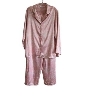 VICTORIA'S SECRET Pink White Feather Print 2-Piece Set Pants Top Pajamas Small‎
